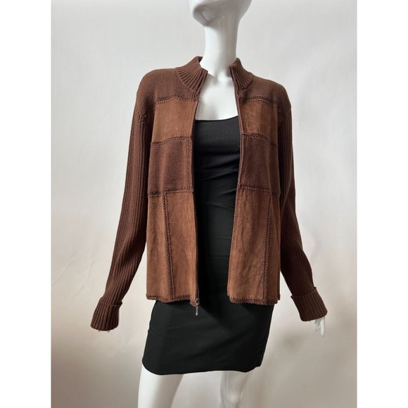 Evan-Picone Suede Blocked Cardigan Sweater M Brown Cotton and Leather - Picture 1 of 15
